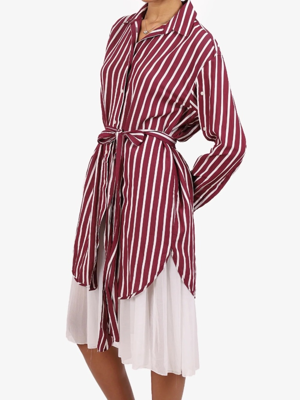 NWT Sandro Paris Melia Pleated Hem Striped Shirt Dress Burgundy White FR36 S